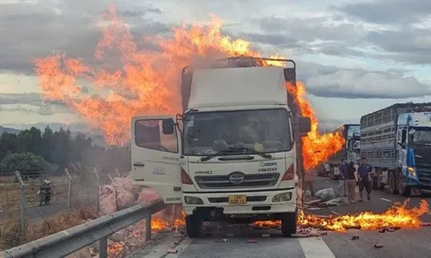 Xe tải bốc cháy dữ dội trên tuyến cao tốc Vĩnh Hảo – Phan Thiết